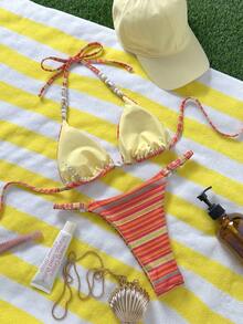 Bonvoyette 2026春夏吊带串珠抽绳彩色线条装饰挂脖比基尼泳衣两件套女式比基尼套装假日夏季节日派对服装沙滩装 - 彩色 - 查看 2