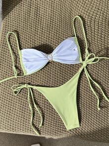 Swim Mod Solid Color Spaghetti Strap Wireless Shell Decor Top And Side Tie Swim Bottoms Women Summer Bikini Set Set - Mint Green - View 2