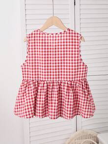 SHEIN 少女红色格子系带蝴蝶结无袖荷叶边下摆衬衫 - 紅色 - 查看 4