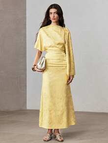 ZEYLAH Vestido ajustado de longitud media con hombro asimétrico de jacquard, primavera - Amarillo - Ver 4