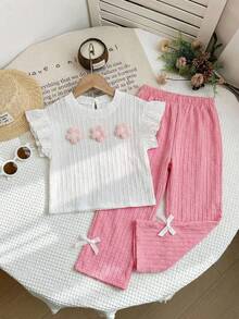 LMoss Kids 2件套女婴纯色荷叶边领上衣和宽松碎花裤套装 - 彩色 - 查看 3