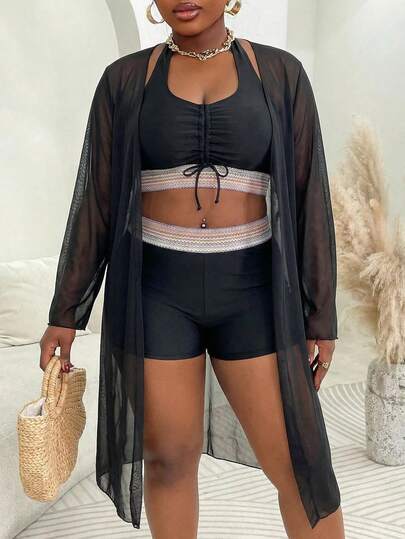Swim Vcay Plus Size 3 PiecesSwimsuit Set, Solid Color Mesh Cover-Up, Beach, Swimming Pool, Resort