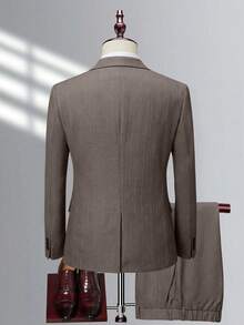 Manfinity Bizformal 男士西装 绅士简约修身单排扣商务三件套西装 男士西装外套马甲西裤套装 婚礼派对 假日旅行 香槟色 - 卡其色 - 查看 2