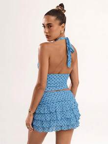 SHEIN BAE 女士性感波点印花露背吊带上衣，夏季 - 藍色 - 查看 2