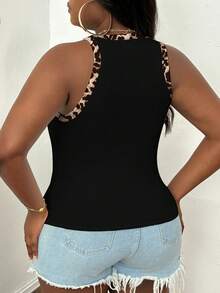 Slaydiva Camiseta de tirantes con cuello redondo y estampado de leopardo en contraste de talla grande, adecuada para festivales de música de verano - Multicolor - Ver 2