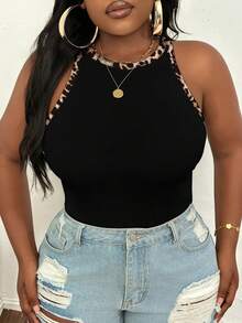 Slaydiva Camiseta de tirantes con cuello redondo y estampado de leopardo en contraste de talla grande, adecuada para festivales de música de verano - Multicolor - Ver 4