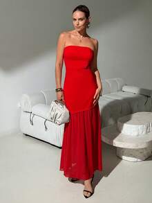 Lavishia Strapless Chiffon Patchwork Elegant Romantic Dress - Fiery Red - View 3