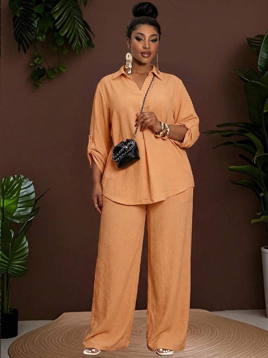 SHEIN CURVE+ Plus Size Women Orange Solid Color Cuffed Sleeves Shirt & Wide Leg Pants 2pcs Casual Suit,Curve Plus Autumn Smart Casual Vacation Beach Outfits - Orange - View 1