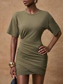 Zivah Women's Olive Green Summer Casual Date Ruched Mini Dress,Round Neck Short Sleeve Minimalist College Style Street Fashion Music Festival Talk Dress - Army Green - View 10