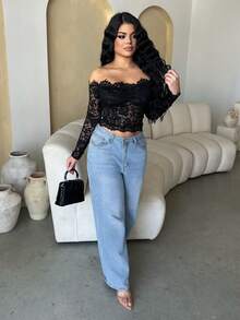 Dayanna Comas 女士蕾丝性感透视镂空露肩长袖上衣，酒红色，适合圣诞节、万圣节、亡灵节、秋冬季叠穿 - 黑色 - 查看 5