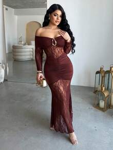 Dayanna Comas Women's Elegant Lace Patchwork Maxi Mermaid Dress, Off Shoulder Backless Formal Gown, Sexy Sheer Long Sleeve Dress, Suitable For Dates, Gatherings, Birthdays, Parties, Graduations, Cocktail Events, Wedding Guests, Formal Occasions;Gala Night;Gown For Prom Night - Coffee Brown - View 1