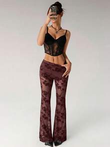 SHEIN ICON Sexy Floral Flocked Sheer Mesh Flare Pants - Burgundy - View 6