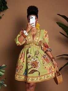 Plus Size Women Floral Print Deep V-Neck Lantern Sleeve Dress, Vacation - Multicolor - View 2