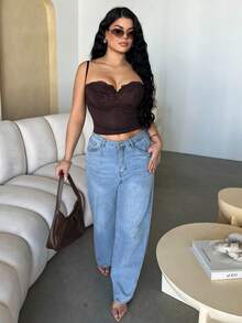 Dayanna Comas 女士蕾丝拼布紧身性感吊带背心 - 咖啡棕 - 查看 3