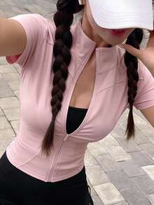 DAZY Women's Solid Color Elastic Mock Neck Fitted Long Sleeve Jacket, Casual Sports, Spring/Autumn Summer - Pink - View 2