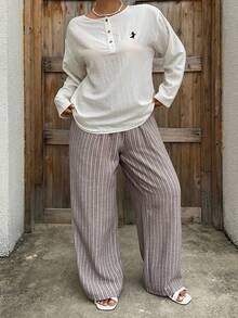 Dazy Plus 2 piezas Conjunto de ropa de casa informal, blusa suelta con bordado de caballo y pantalones largos, pijama para mujer talla grande - Blanco - Ver 4