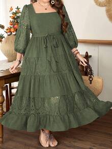 Lacomfia Plus Size Women's Square Neck Lantern Sleeve Tie Waist Ruffle Hem Embroidery Patchwork Elegant Dress - Green - View 4
