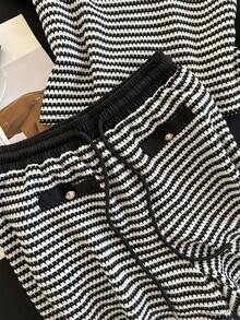 GlowEve Classic Best-Selling Black & White Striped Round Neck Contrast Trim Short Sleeve Casual T-Shirt And Black Drawstring Waist Shorts 2-Piece Set - Black and White - View 5