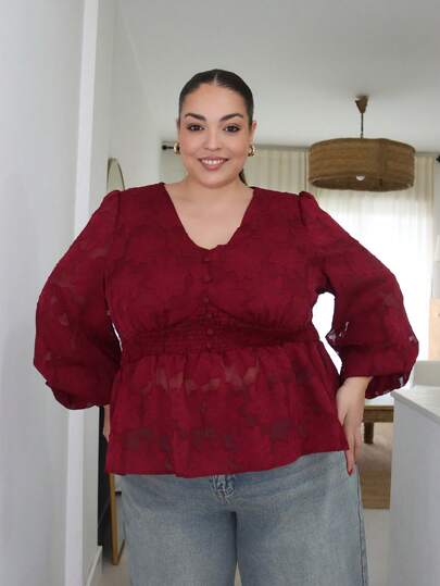 Pretty and Ole 大码女式花卉提花褶皱灯笼袖收腰优雅衬衫