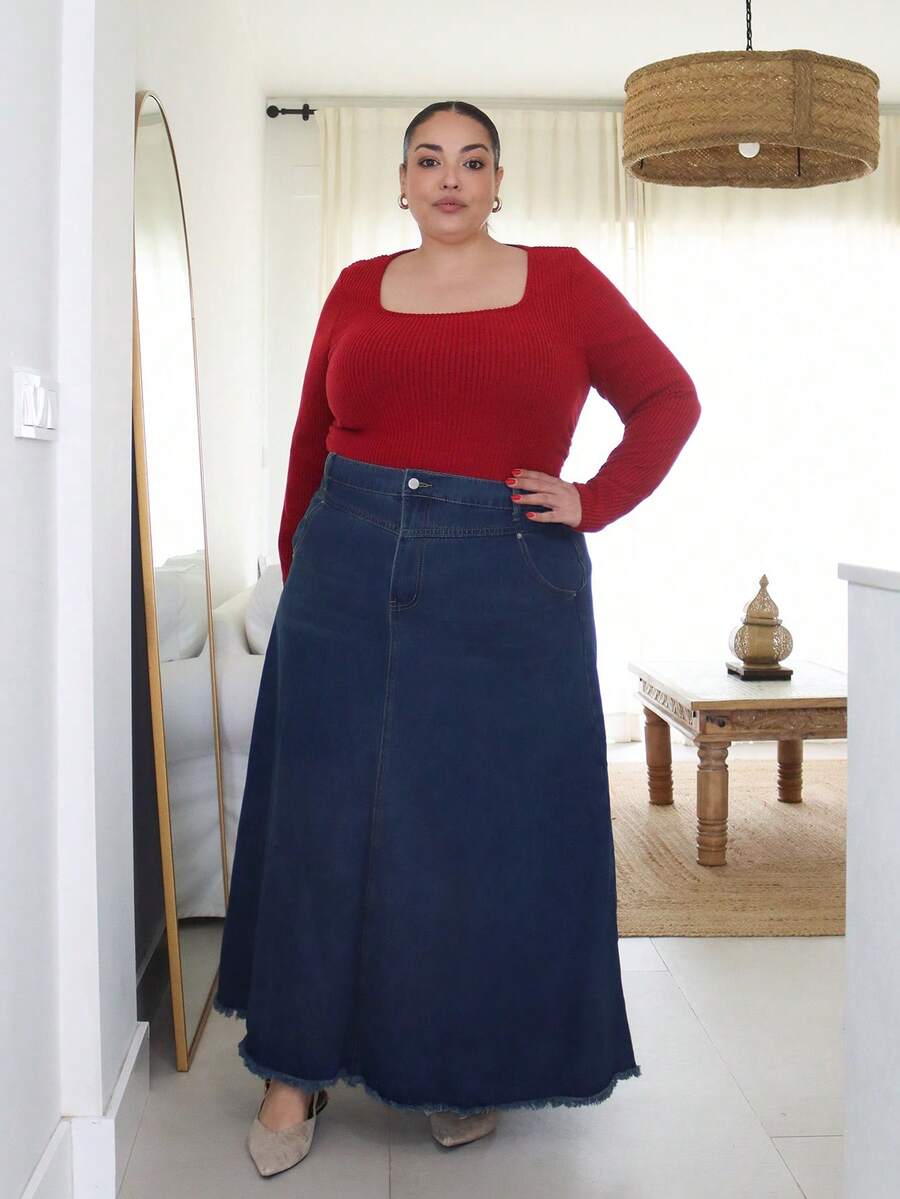 Pretty and Ole 水洗猫须毛边A字长款牛仔半身裙，四季皆宜 - 中等水洗藍 - 查看 1