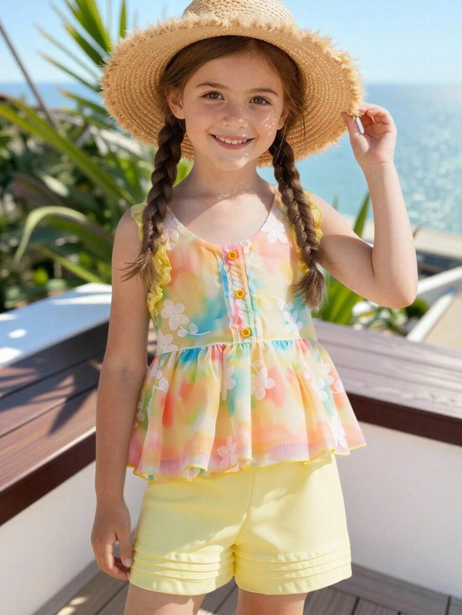 Bộ 3 món cho bé gái mùa hè, áo không tay và quần short xếp ly, vải chiffon thêu, trang phục nghỉ mát ngọt ngào kèm mũ. - Màu vàng - Xem 1