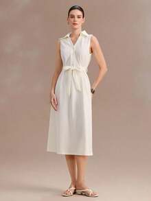 Uhlyne Women's Fashionable New Luxury High-End Apricot Sleeveless Lapel Button Design Waist Belt Slimming Elegant Versatile Commute Party Street Elegant Mid-Length Dress - Apricot - View 5