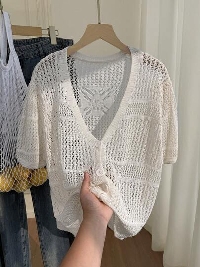 Comfortcana Áo khoác len tay ngắn khoét lỗ, phong cách tối giản, thời trang
