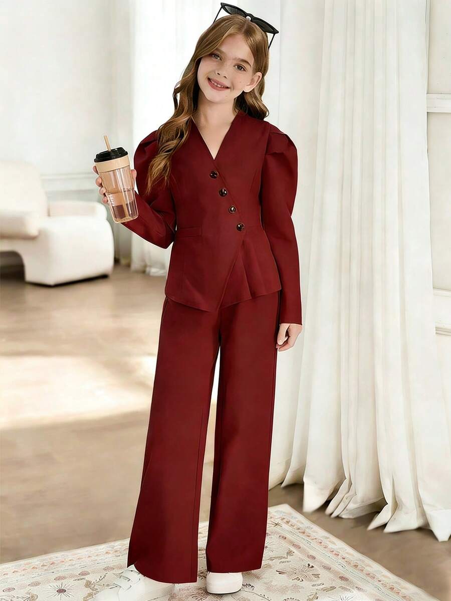 SHEIN Tween Girls 2pcs/Set Red Fall Outfit Matching Family V-Neck Puff Sleeve Button-Up Cropped Top Wide-Leg Pants Elegant 80s Western Cute School Cheer