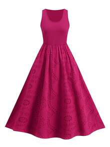 Ellevyn 纯色镂空圆领无袖刺绣A字连衣裙 女士夏季服装 春季女装 连衣裙 优雅夏季服装 赛马会服装 - 玫紅色 - 查看 7