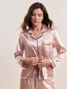 Contrast Piping Satin Top & Pants PJ Set / Pajama Set, Fall Clothes Cozy And Elegant Details, Winter - Champagne - View 7