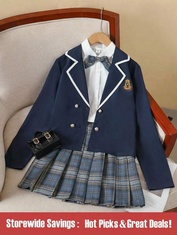 SHEIN 1 Set Fashion Teenage Girls' Spring/Autumn College Style Contrast Color Collar Long Sleeve T-Shirt Jacket + Pleated Classic Plaid Skirt Suit, Suitable For Travel, School, Outdoor, Embroidery Design, Casual Everyday Wear