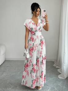 Elenzga Đầm chữ A xếp ly in hoa, cổ chữ V, tay cánh dơi, eo thon, thanh lịch dành cho nữ, thích hợp cho mùa xuân/hè. - Nhiều màu - Xem 3
