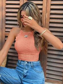 SHEIN Frenchy Guipure Ren Viền Crop Halter Họa tiết Vải Đi chơi Áo Bodycon Đen Top - Màu Hồng  San hô - Xem 6