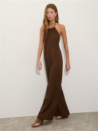 Nöista Women's Summer Sexy Beach Vacation Boho Style Solid Color Beaded Backless Tie Front Dress