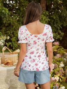 SHEIN Maternity Round Neck Petal Sleeve Floral Tie Front Casual T-Shirt, Summer - Multicolor - View 2