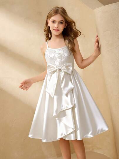 SHEIN Girls' Lace Patchwork Elegant Ruffle Hem Dress, Suitable For Graduation, Wedding, Party And Other Occasions