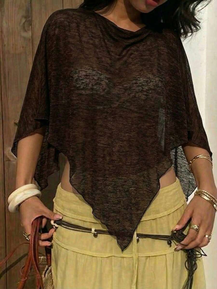 Aloruh New Fashionable Apricot Versatile Knitted Jacquard Hollow-Out One-Piece Halter Neck Shawl Collar Multiwear Vacation Style Lightweight Cover Up Shawl Top - Mocha Brown - View 1