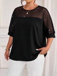 Cravure Camisa de manga 3/4 con cuello redondo y tela de lentejuelas, con puños de tela tejida de color contrastante, manga raglán, para uso casual, vacaciones, viajes y fiestas, talla grande - Negro - Ver 4