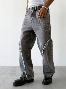 PAVTROS Jeans rectos y anchos de pierna, lavados en gris, con detalles de flecos, rasgados y adornos de strass, estilo hip hop americano para hombres - Gris - Ver 5