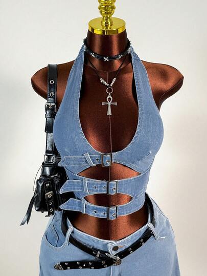 Amplova Blusa de mezclilla con escote halter calado y hebilla ajustable, para verano