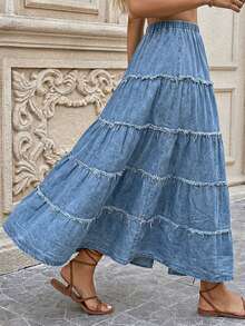 Vivid Eden Chân váy denim dáng chữ A xẻ tà bên hông, cạp chun co giãn dành cho nữ. - Rửa trung bình - Xem 6