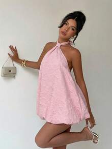 Aloruh Women's Romantic Vacation Pink Textured Fabric Mini Dress - Pink - View 8