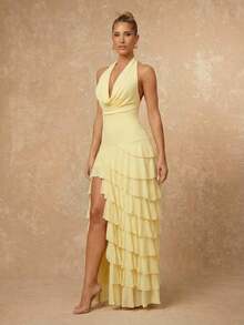 Lumalex 女士纯色深V领系带露背开衩优雅腰身连衣裙，适合派对穿着 - 淡黃色 - 查看 5