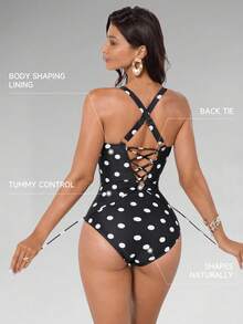 Shapewave Women's Summer Vacation Beach Polka Dot Print One-Piece Swimsuit Polka Dot Swimsuit One Piece Bathing Suits For Women Polka Dot Women's Swimsuits Women's Bathing Suit Full Coverage Women Swim Suit Set - Black and White - View 2