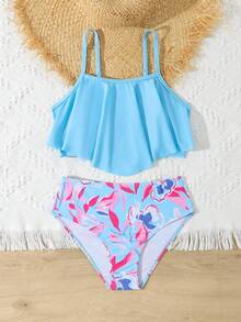 SHEIN Set Baju Renang Tankini Motif Tie-Dye 2 Potong, Bikini Dua Potong Biru Berumbai untuk Anak Perempuan Remaja, Hadiah Liburan Pantai Musim Panas yang Lucu, Cepat Kering - Baby Blue - View 5