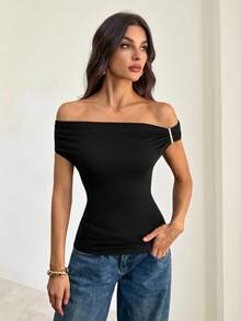 SHEIN Tall 不对称肩部针织T恤上衣，紫红色黑色上衣 - 黑色 - 查看 5