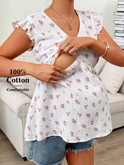 SHEIN Maternity V-Neck Floral Print Casual Nursing Friendly Top, Versatile For Daily Wear Maternity Tops Summer Nursing Top Babydoll Top Maternity Blouse Pregnant Outfits Summer
