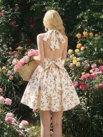 SHEIN MOD Women's Floral Print Backless Twist Ruched Cami Mini Dress,Graduation Dress,Summer,Vacation Outfits, Retro, Vintage,Country Outfits, Going Out,Teacher Outfits For Women,Date, Picnic, Party, Prom, Festival,Birthday Wear, Cottagecore Dress,Tea Party Dress,Milkmaid Dress,French Style Dress, ,Summer Dress,Spring Dresses For Women,Floral Dress,Yellow Dress