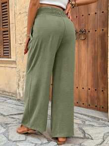 SHEIN Maternity Solid Color Waist Drawstring Loose Wide Leg Pants - Green - View 2