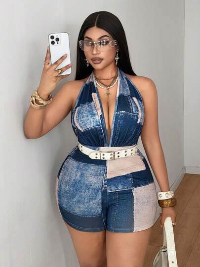 Maweii Plus Size Women's Summer Tie-Up Backless Blue Denim-Look Printed Jumpsuit, Casual Daily/Vacation Wear, Sexy & Elegant